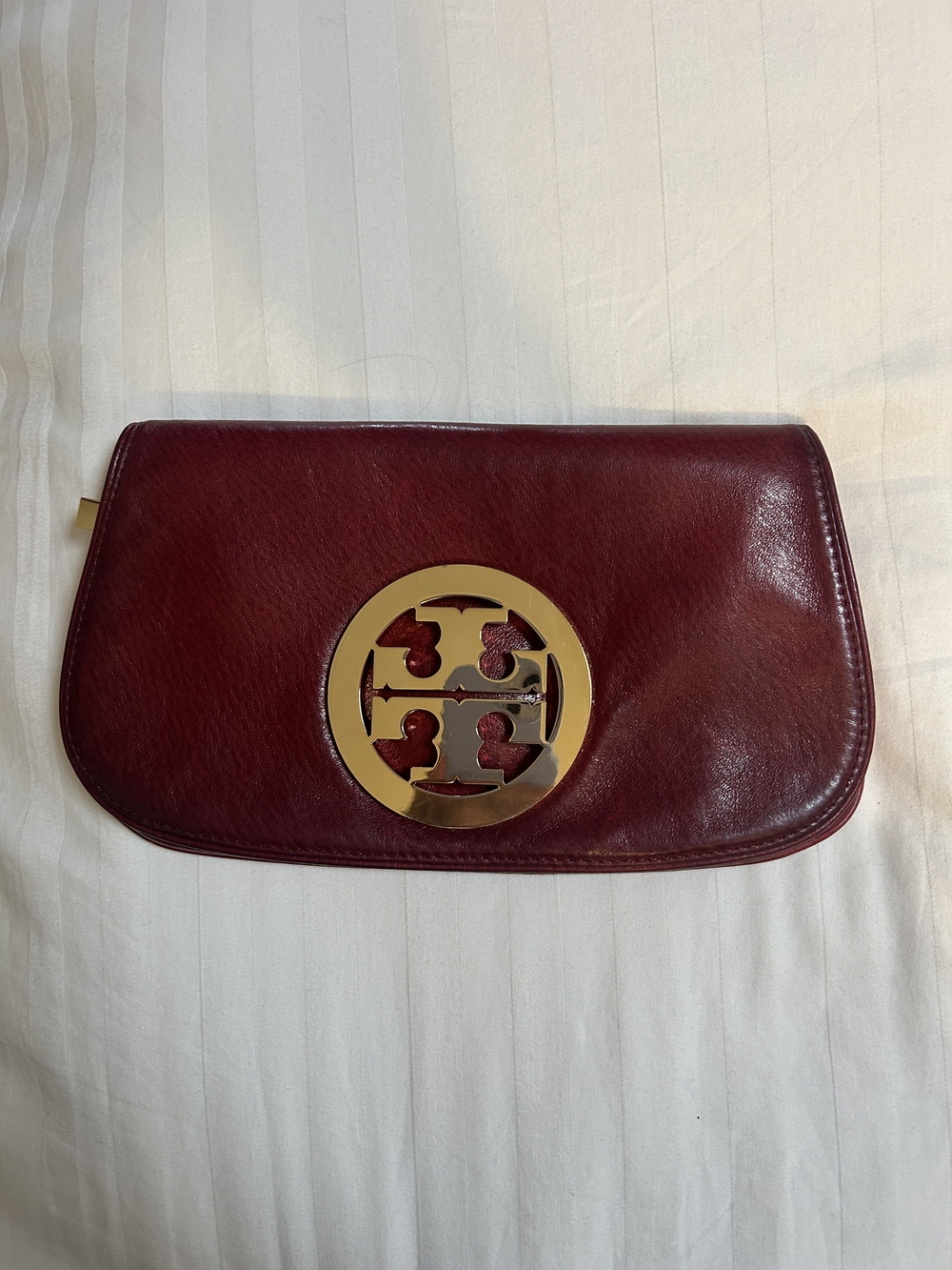 Tory Burch Red/Maroon Leather Clutch with Gold Logo